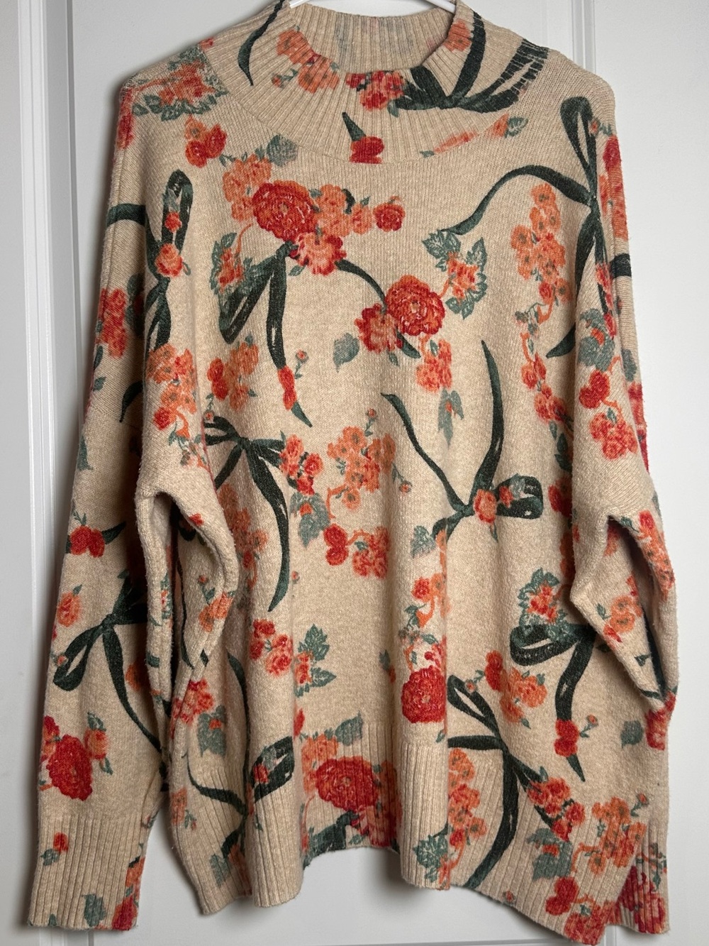 LC Lauren Conrad Beige Crewneck Sweater with Coral Floral Print